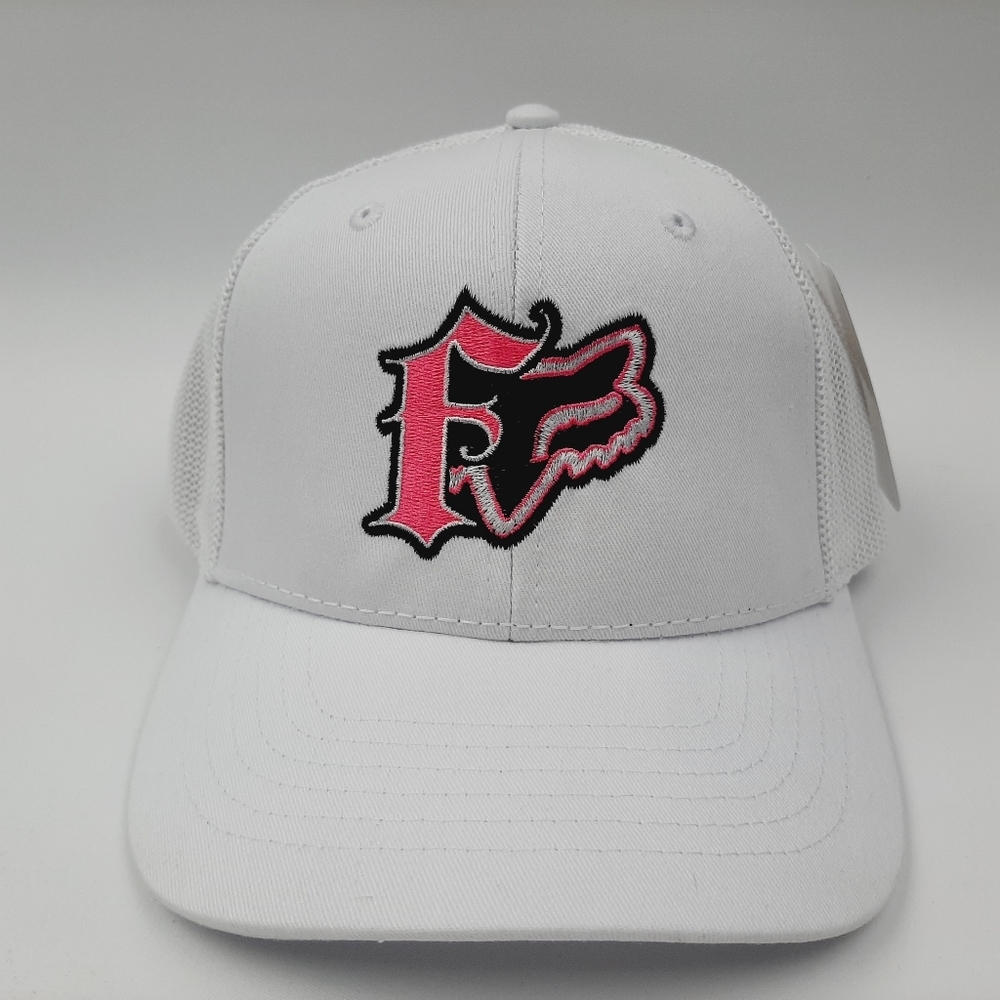 Fox Embroidered Hat Cap Mesh Snapback Curved Bill Trucker White